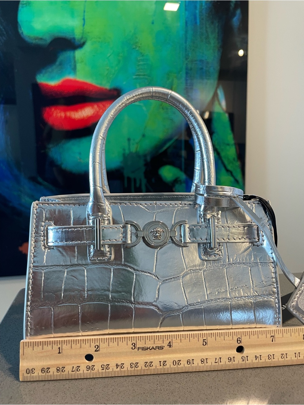 Versace Silver Croc-Embossed Mini Tote with Detachable Strap - Picture 6 of 16